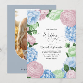 Convites Azul Pó, Rosa Rosado/Sage Leve Floral Casamento
