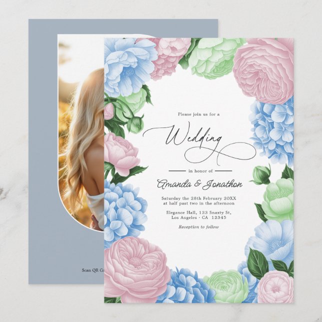 Convites Azul Pó, Rosa Rosado/Sage Leve Floral Casamento (Frente/Verso)