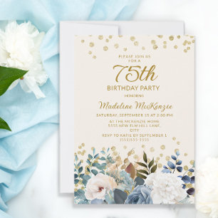 Convites Azul Poeirento Branco Floral Dourado 75º Aniversár