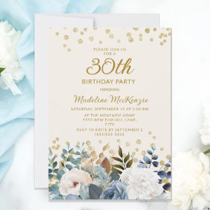 Convites Azul Poeirento Branco Floral Dourado Aniversário d