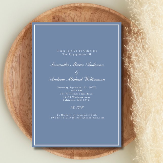 Convites Azul Poeirento Branco Formal Elegante Casamento No (Dusty Blue White Elegant Formal Wedding Engagement party invitation)