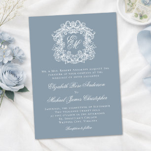 Convites Azul Poeirento Elegante Crista Monograma Casamento