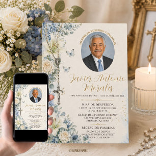 Convites Azul Poeirento Floral Branco Foto Funeral Católico