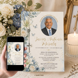 Convites Azul Poeirento Floral Branco Foto Funeral Católico