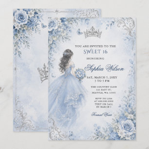 Convites Azul Poeirento Floral Prata Princesa SWEET 16