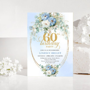 Convites Azul poeirento peônia branca dourado floral 60 ano