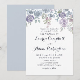 Convites Azul Poeirento & Roxo Floral Elegante Casamento Rú
