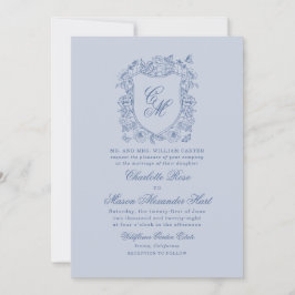 Convites Azul Poeirento Vintage Floral Brasão Casamento Ele