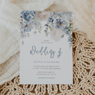 Convites Azul Poento e Flores Brancas Casamento Moderno