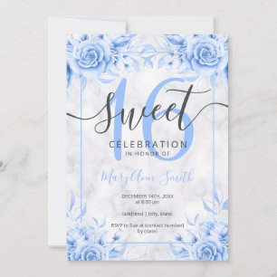 Convites Azul-Prata Doce Floral 16 Marble Glitter
