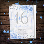 Convites Azul-Prata Doce Floral 16 Marble Glitter<br><div class="desc">Elegante 16ª Festa de aniversário Azul Floral Marble Floral Marble modelo. Apresentando um arranjo de flores moderno.</div>