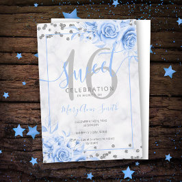 Convites Azul-Prata Doce Floral 16 Marble Glitter