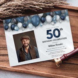 Convites Azul Prata Preta e Branca 50ª Foto de Aniversário