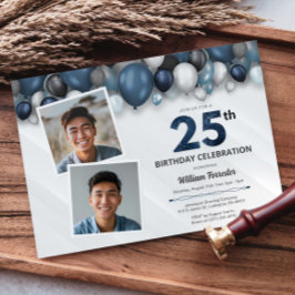 Convites Azul Prata Preto e 25 Branco Aniversário 2 Foto