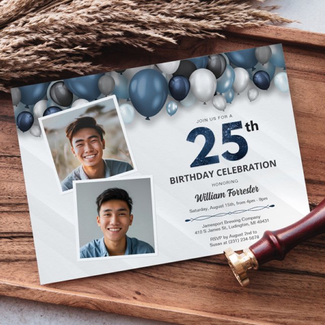Convites Azul Prata Preto e 25 Branco Aniversário 2 Foto (Blue Silver Black & White 25th Birthday 2 Photo Invitation)