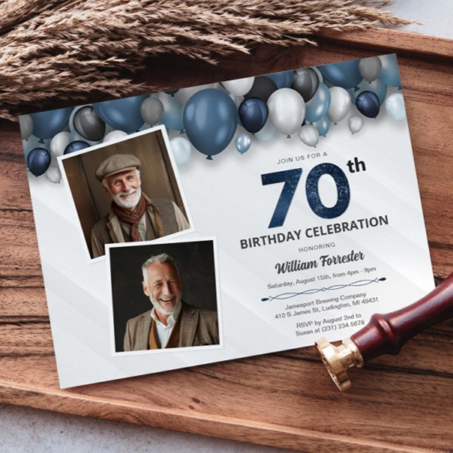 Convites Azul Prata Preto e 70 Branco Aniversário 2 Foto (Blue Silver Black & White 70th Birthday 2 Photo Invitation)