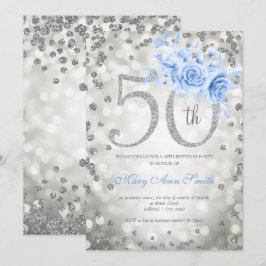 Convites Azul Prateado Floral 50ª Luzes de Verão de Anivers