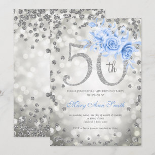 Convites Azul Prateado Floral 50ª Luzes de Verão de Anivers