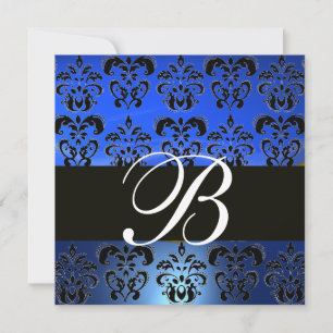 Convites AZUL PRETO  DAMASCO MONOGRAMA , branco