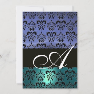 Convites AZUL PRETO DAMASCO MONOGRAMA, branco brilhante