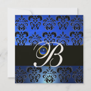 CONVITES AZUL PRETO DAMASCO MONOGRAMA SAFIRA DOURADO METÁLI