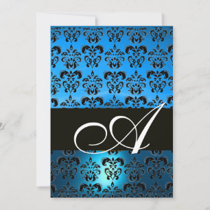 Convites AZUL  PRETO  MONOGRAMA DAMASCO ,branco brilhante