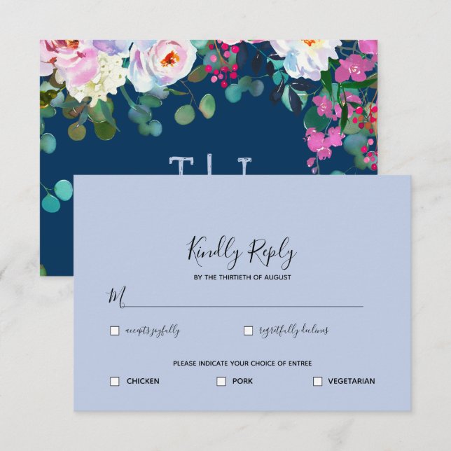 Convites Azul Prussiano + Periwinkle Aguarela Floral RSVP (Frente/Verso)