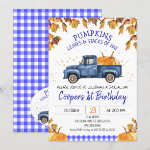 Convites Azul Pumpkin Caminhão de outono Folhagem Anivers