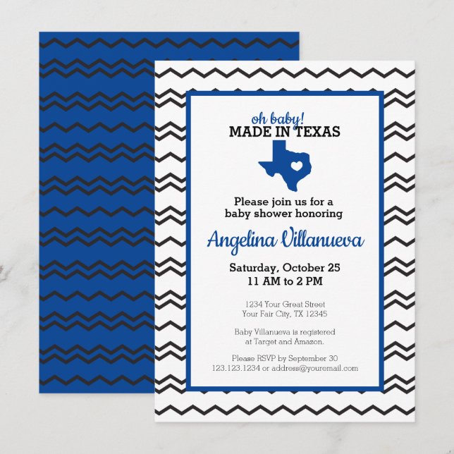 Convites Azul, Querida! Chevron Made in Texas Chá (Frente/Verso)
