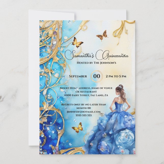 Convites Azul Quinceañera gliter borboleta floral (Frente)