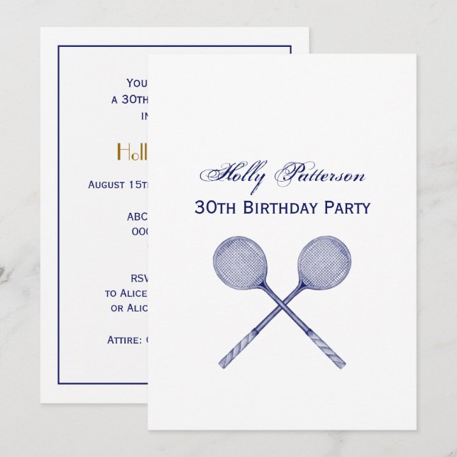 Convites Azul Raquetas Esmagadas Cruzadas (Frente/Verso)