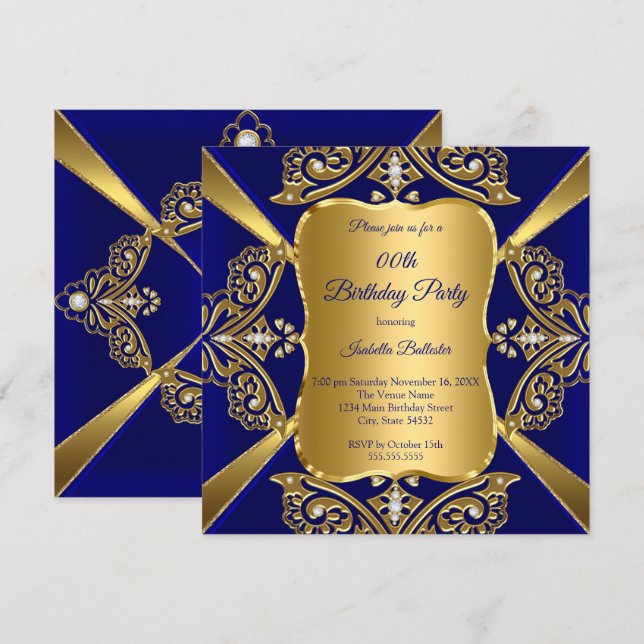 Convites Azul Real Adicionar Idade Aniversário Dourado Diam (Frente/Verso)