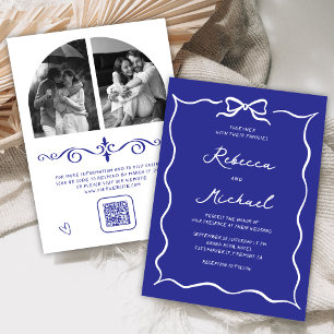 Convites Azul Real Arco Branco Código QR Foto Casamento