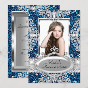 Convites Azul Real Brilho Diamante Glamour Quinceanera