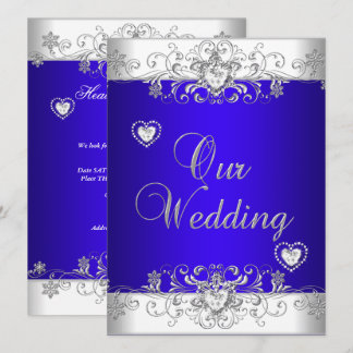 Convites Azul real Casamento Prata Diamante Corações