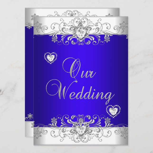 Convites Azul real Casamento Prata Diamante Corações (Frente/Verso)