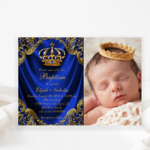 Convites Azul Real Coroa de Ouro Pequeno Príncipe Batizado