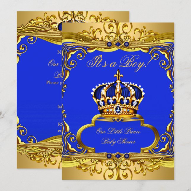 Convites Azul Real Coroa Príncipe Dourado Churrasco de Bebê (Frente/Verso)