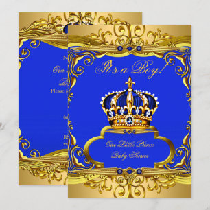 Convites Azul Real Coroa Príncipe Dourado Churrasco de Bebê