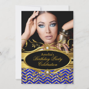 Convites Azul Real & Diamante de Chevron Dourado Foto Anive