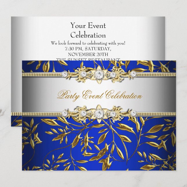 Convites Azul Real Dourado com Aspecto Repuxado Festa Elega (Frente/Verso)