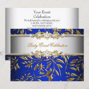 Convites Azul Real Dourado com Aspecto Repuxado Festa Elega