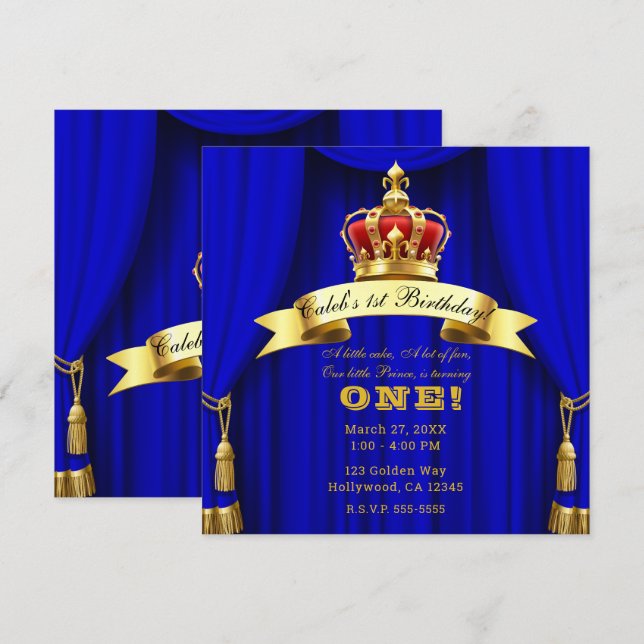 Convites Azul Real Dourado Coroa Real 2 Príncipe 1º Anivers (Frente/Verso)