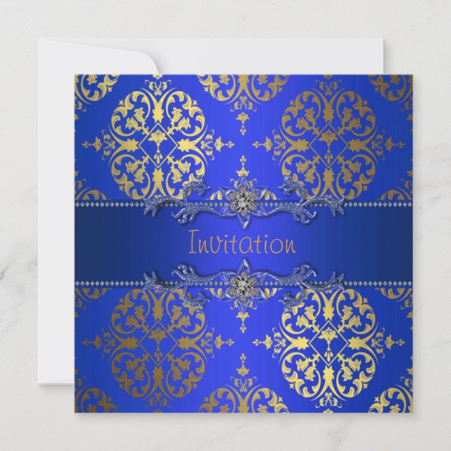 Convites Azul Real Dourado Damasco Para Qualquer Oportunida (Frente)
