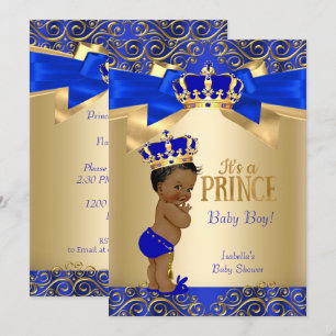 Convites Azul Real Dourado Damask Príncipe Baby Shower Étni