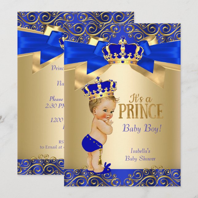 Convites Azul Real Dourado Damasko Príncipe Chuvinha de Beb (Frente/Verso)