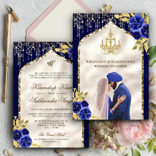 Convites Azul Real Dourado Floral Anand Karaj Casamento Sik