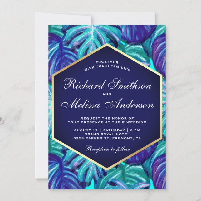 Convites Azul Real Dourado Folha Tropical Casamento (Frente)