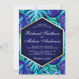 Convites Azul Real Dourado Folha Tropical Casamento