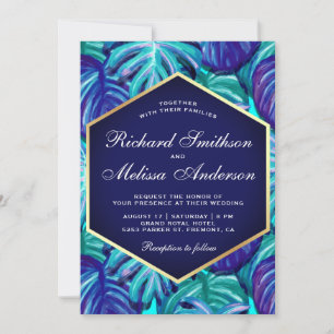 Convites Azul Real Dourado Folha Tropical Casamento